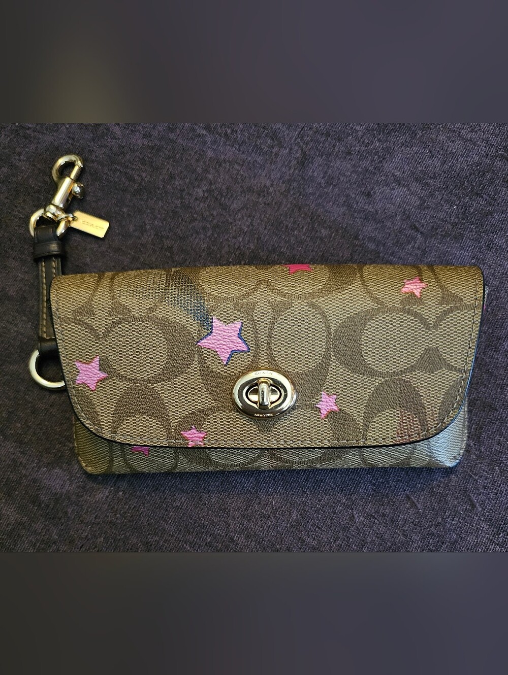 Coach Brown Signature Canvas Glasses Case  In Disco Star Print